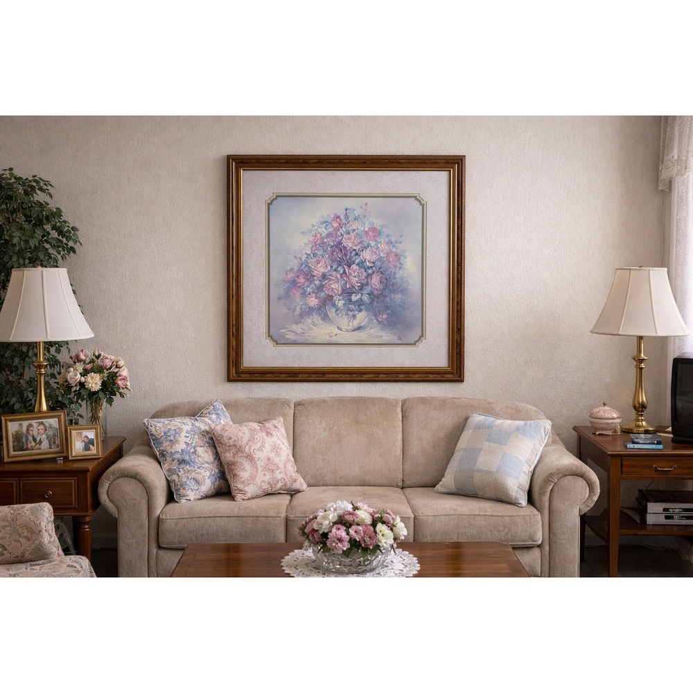 Large Framed Floral Rose Bouquet Art Print Pink Purpleโ Pastel Gold Trim